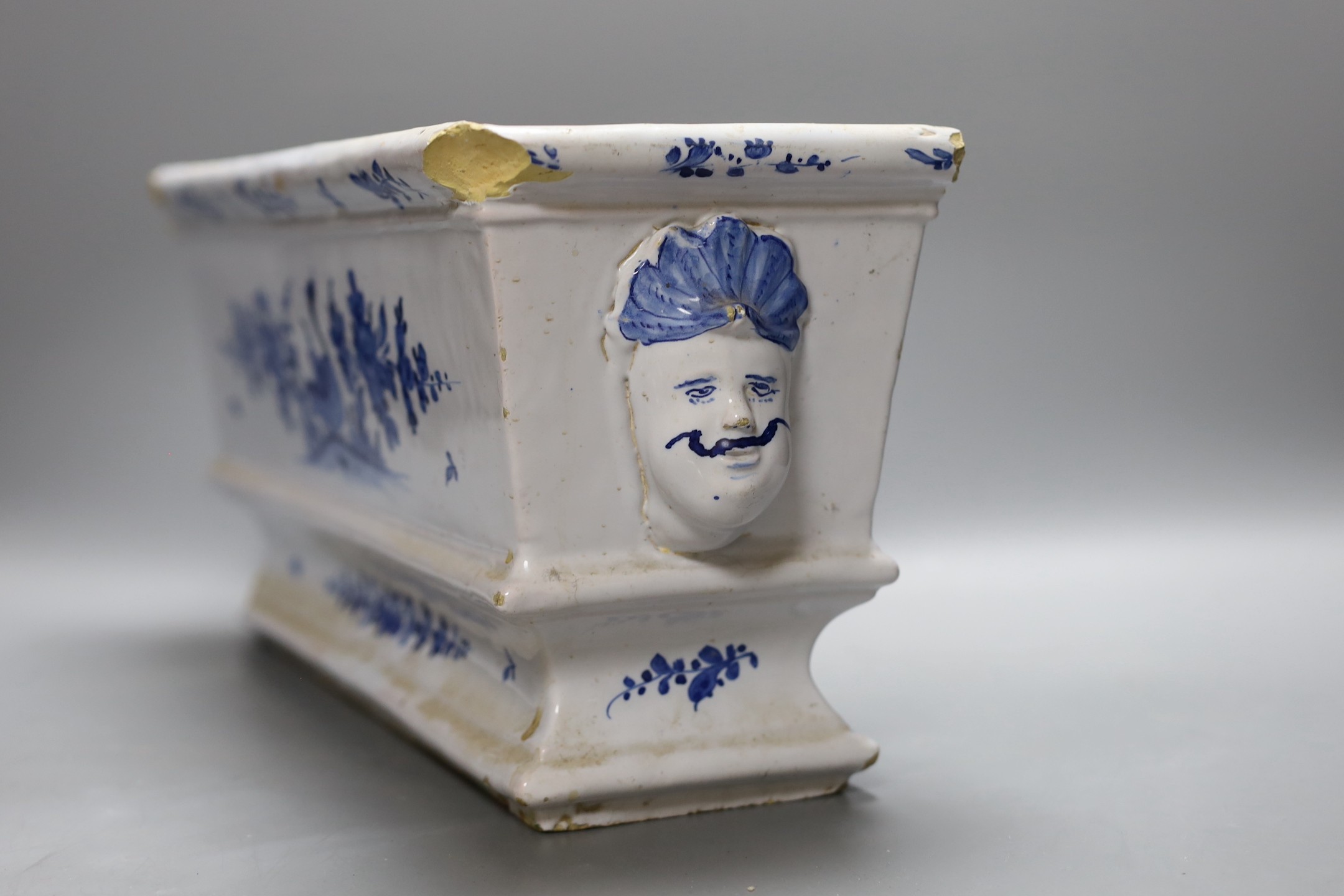 An 18th century Delftware rectangular planter, 19 cms high x 41 wide